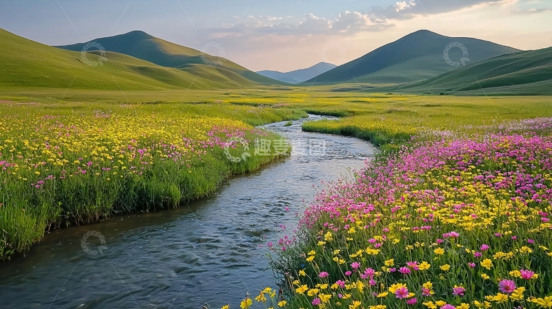 高清大图下载【趣麦麦图】山间溪流花海
