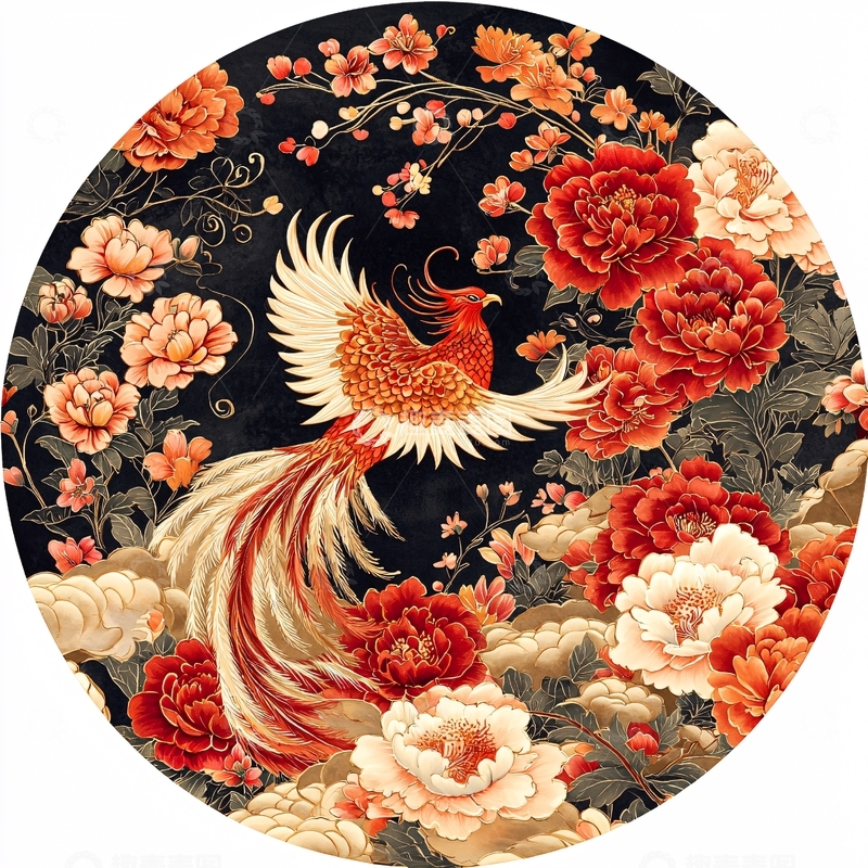 高清大图下载【趣麦麦图】圆形水墨写意凤凰牡丹图