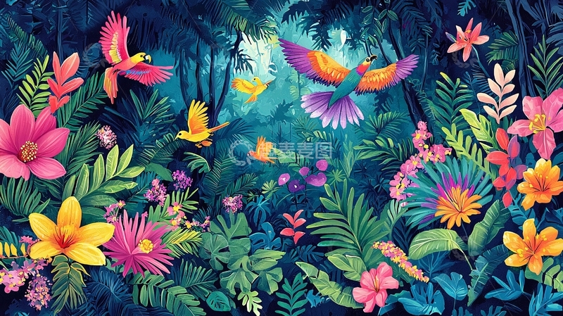 高清大图下载【趣麦麦图】热带雨林鸟类花卉图