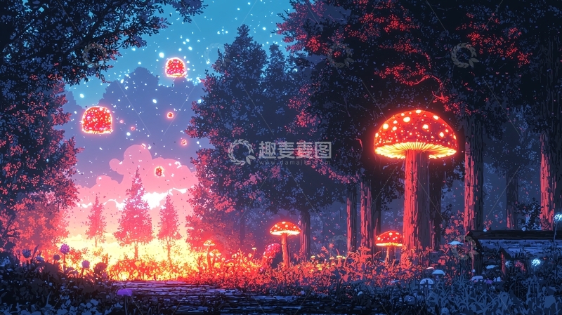 高清大图下载【趣麦麦图】发光蘑菇的奇幻森林