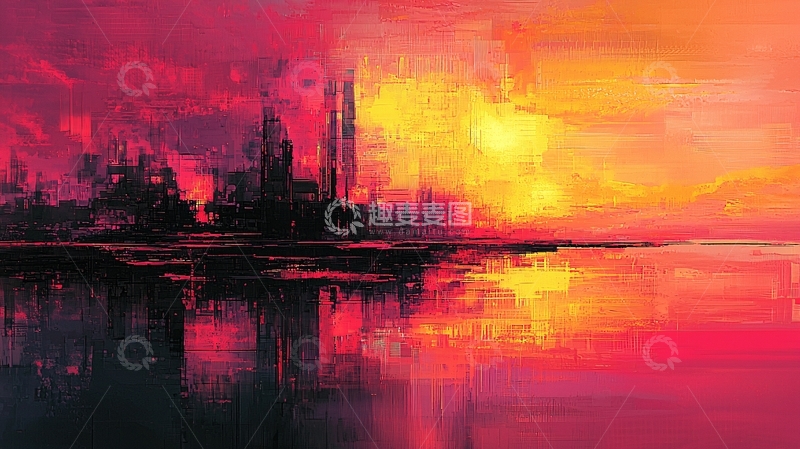 高清大图下载【趣麦麦图】火红夕阳下的城市剪影