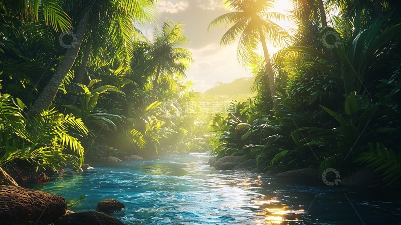 高清大图下载【趣麦麦图】热带雨林河流阳光景色