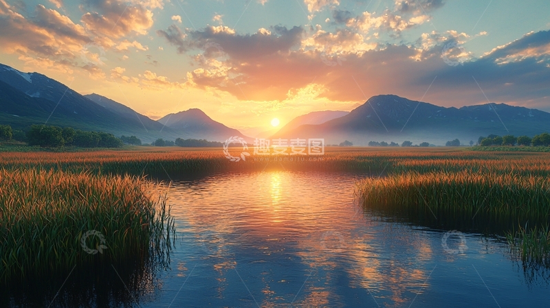 高清大图下载【趣麦麦图】山峦日出湖泊倒影