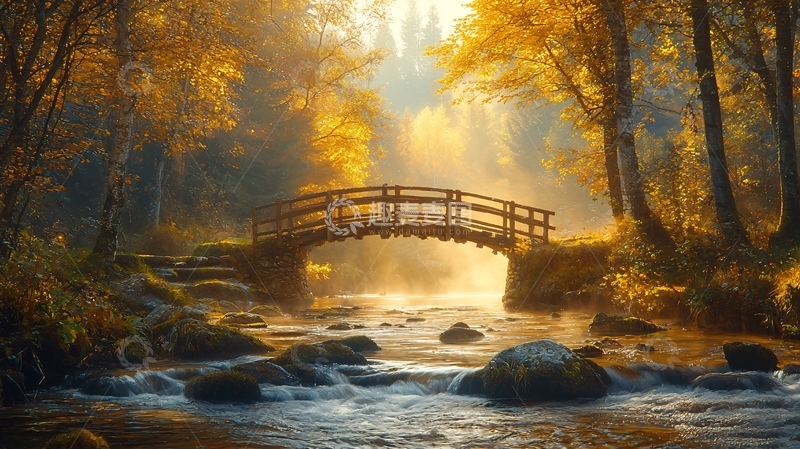 高清大图下载【趣麦麦图】秋日森林小桥流水
