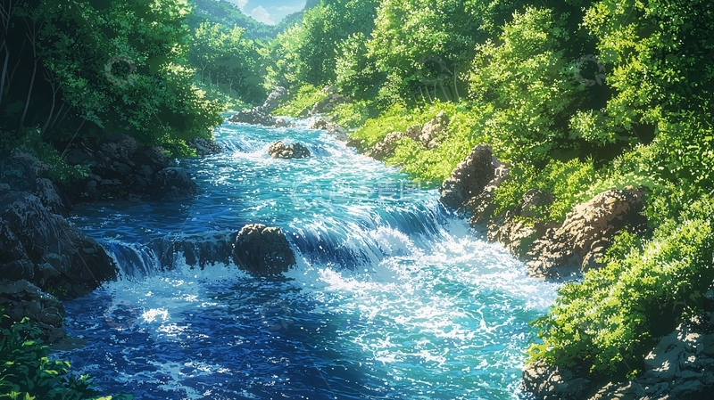 高清大图下载【趣麦麦图】葱郁树木和清澈河流的风景