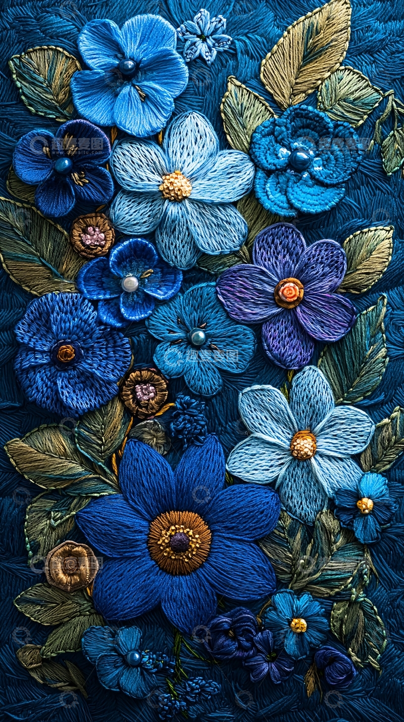 高清大图下载【趣麦麦图】蓝色绣花花卉图案