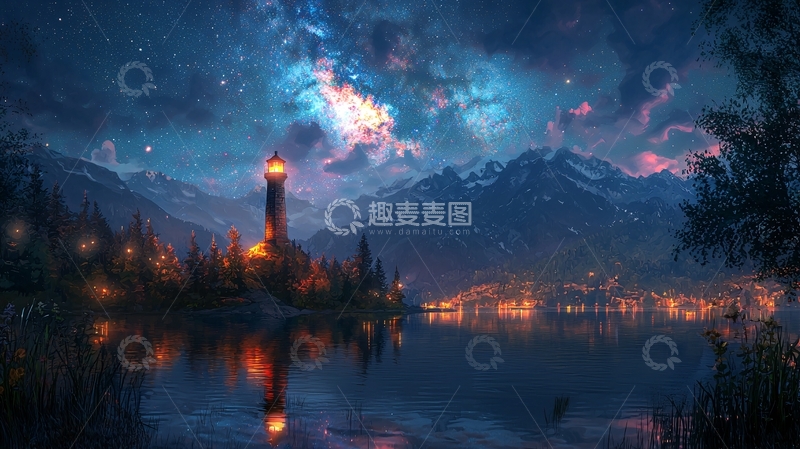 高清大图下载【趣麦麦图】星空下的湖边小镇