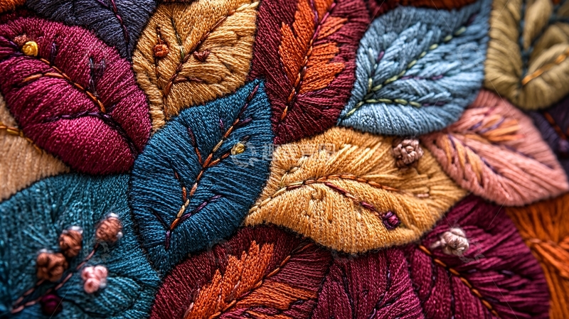 高清大图下载【趣麦麦图】彩色线绣叶子