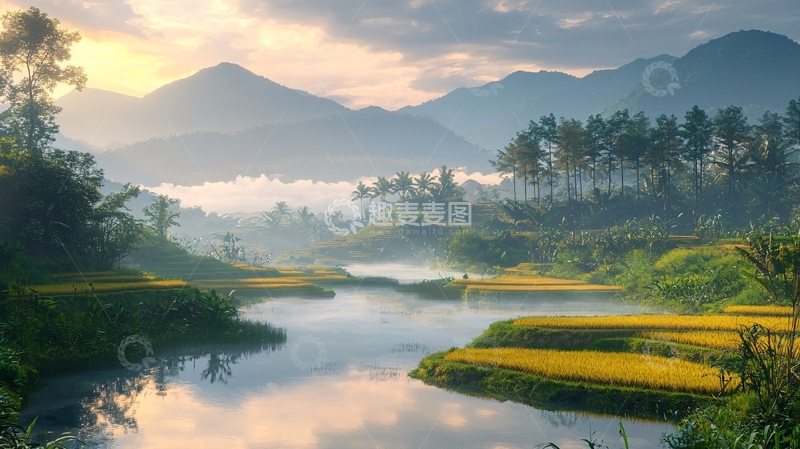 高清大图下载【趣麦麦图】清晨山峦环绕的湖泊