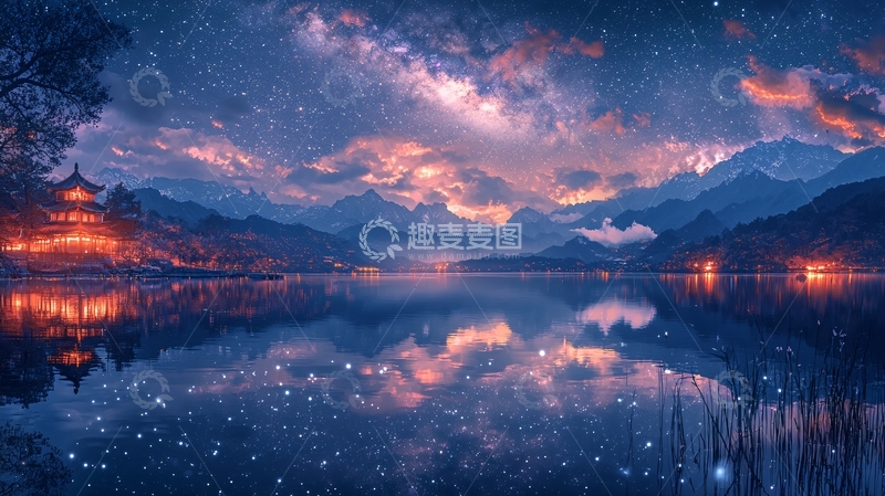 高清大图下载【趣麦麦图】星空下的湖光山色