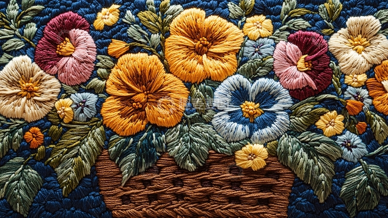 高清大图下载【趣麦麦图】彩色绣花花篮