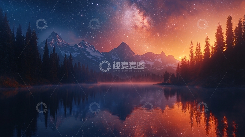 高清大图下载【趣麦麦图】极光下的山脉湖泊