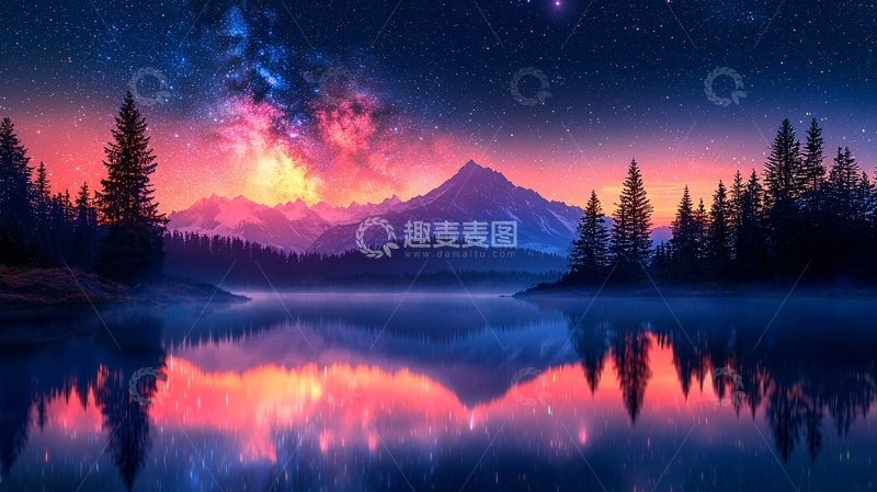 高清大图下载【趣麦麦图】星空下的山湖倒影