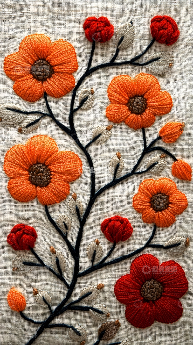 高清大图下载【趣麦麦图】橙色红色绣花花朵