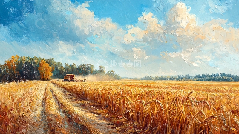 高清大图下载【趣麦麦图】金色麦田收割机乡村风景