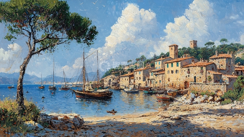 高清大图下载【趣麦麦图】阳光下的地中海小镇港湾