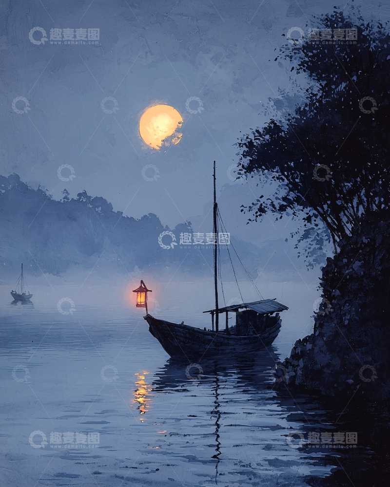 高清大图下载【趣麦麦图】月夜江上孤舟