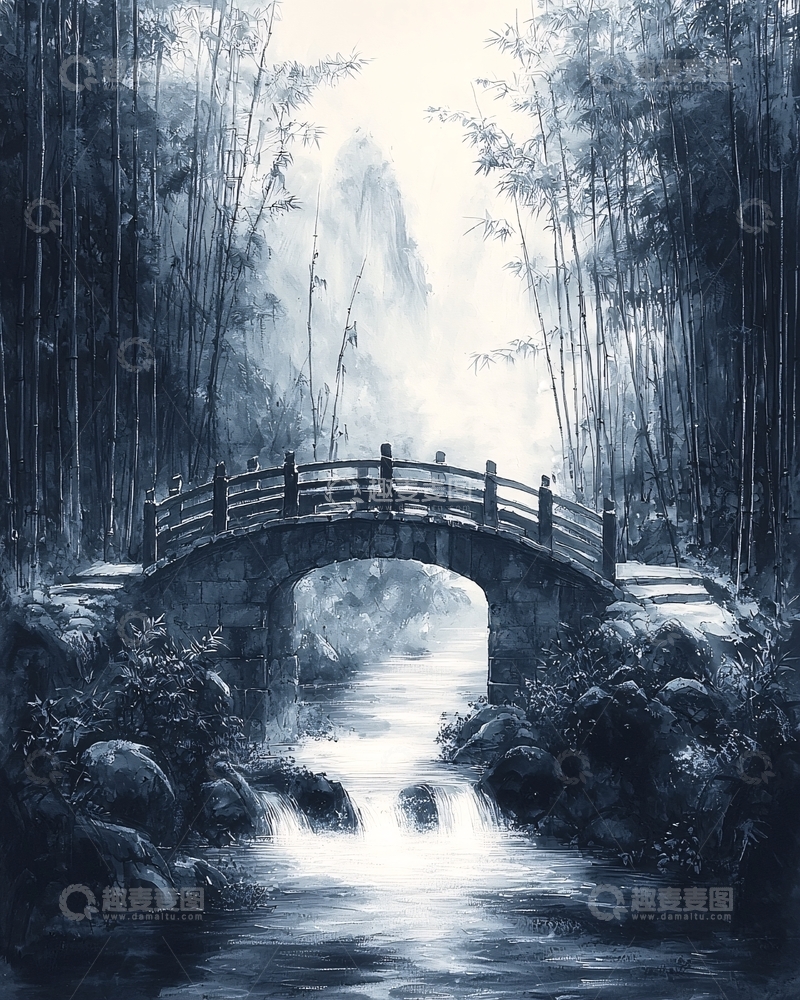 高清大图下载【趣麦麦图】水墨画竹林小桥流水