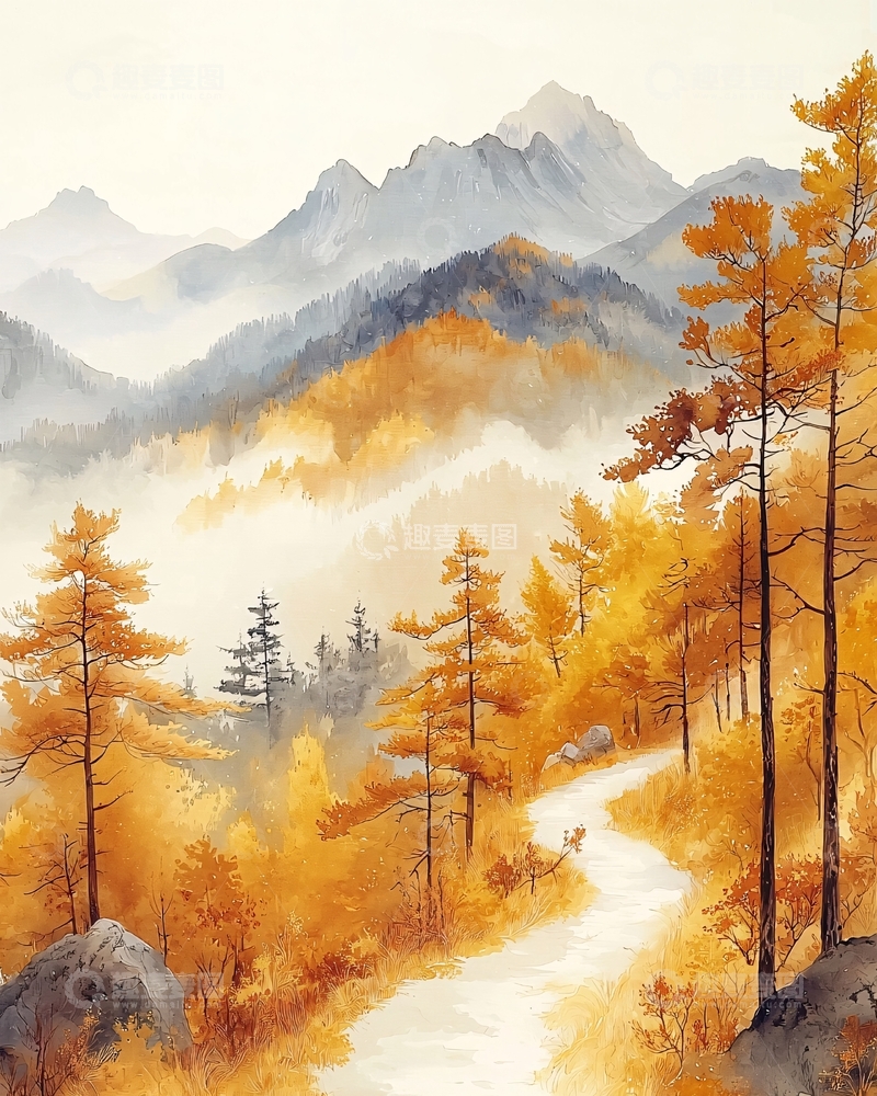 高清大图下载【趣麦麦图】秋日山路水彩画