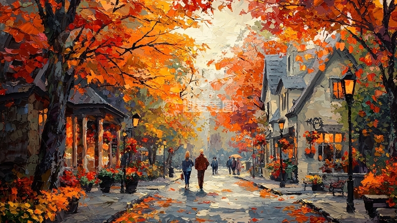 高清大图下载【趣麦麦图】秋日街道风景油画