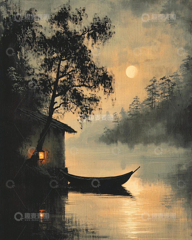 高清大图下载【趣麦麦图】月光下的湖边小屋