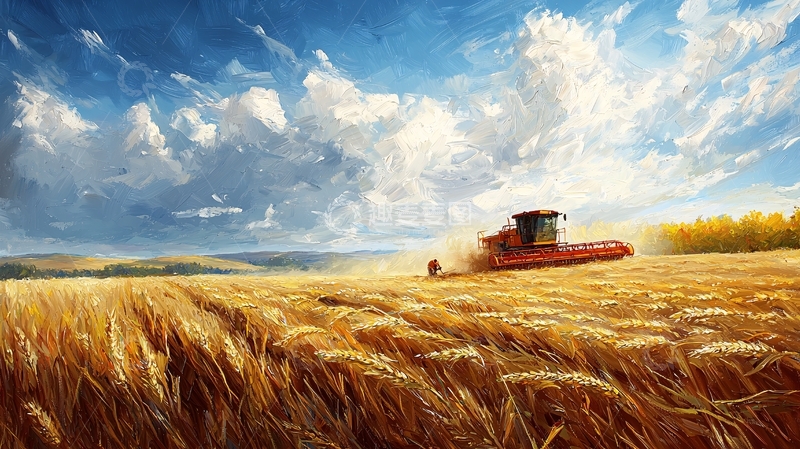 高清大图下载【趣麦麦图】金黄麦田收割机