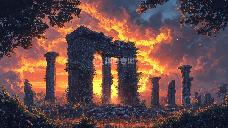 高清大图下载【趣麦麦图】火焰燃烧的古老废墟