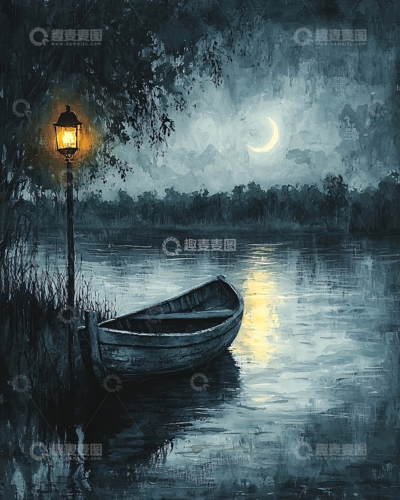 高清大图下载【趣麦麦图】月光下的小船