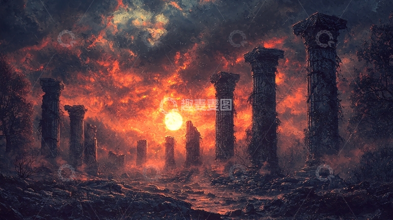 高清大图下载【趣麦麦图】末日废墟夕阳下的石柱