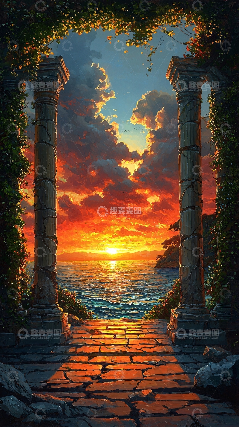 高清大图下载【趣麦麦图】石柱拱门夕阳海景