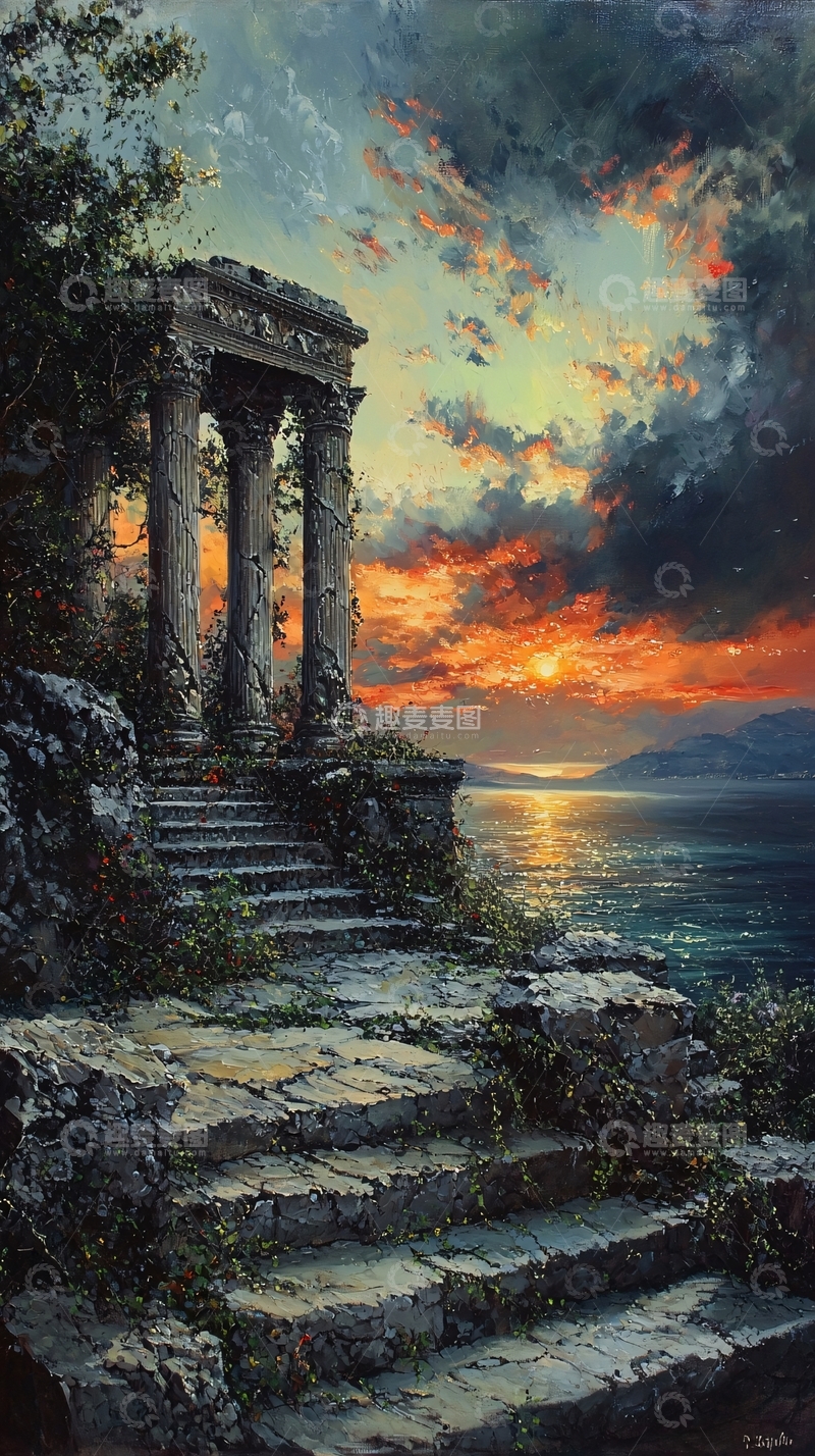 高清大图下载【趣麦麦图】夕阳下古老废墟石阶