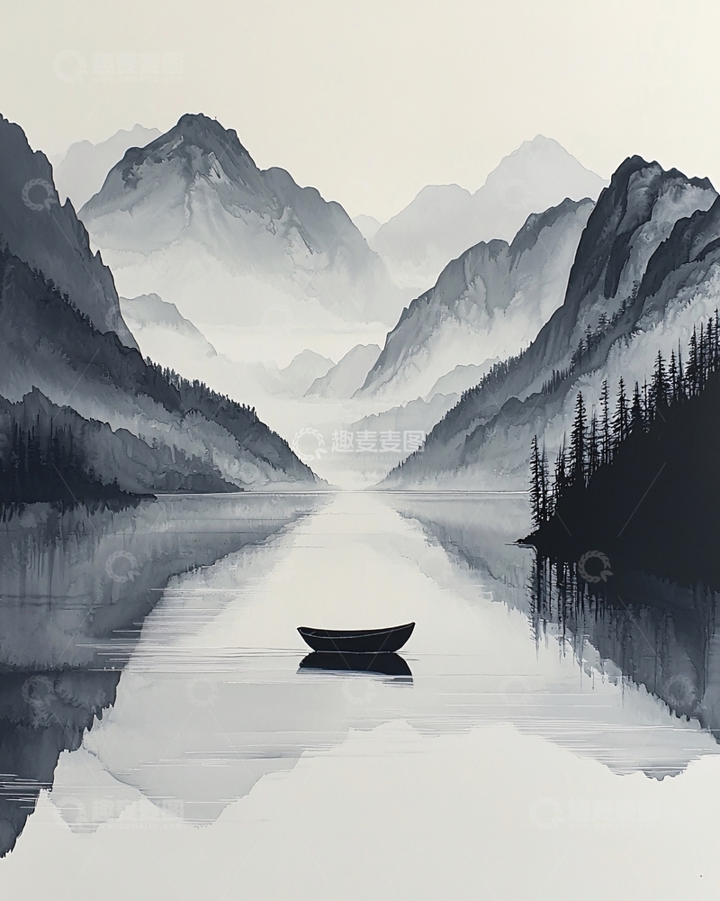 高清大图下载【趣麦麦图】水墨山水小舟意境