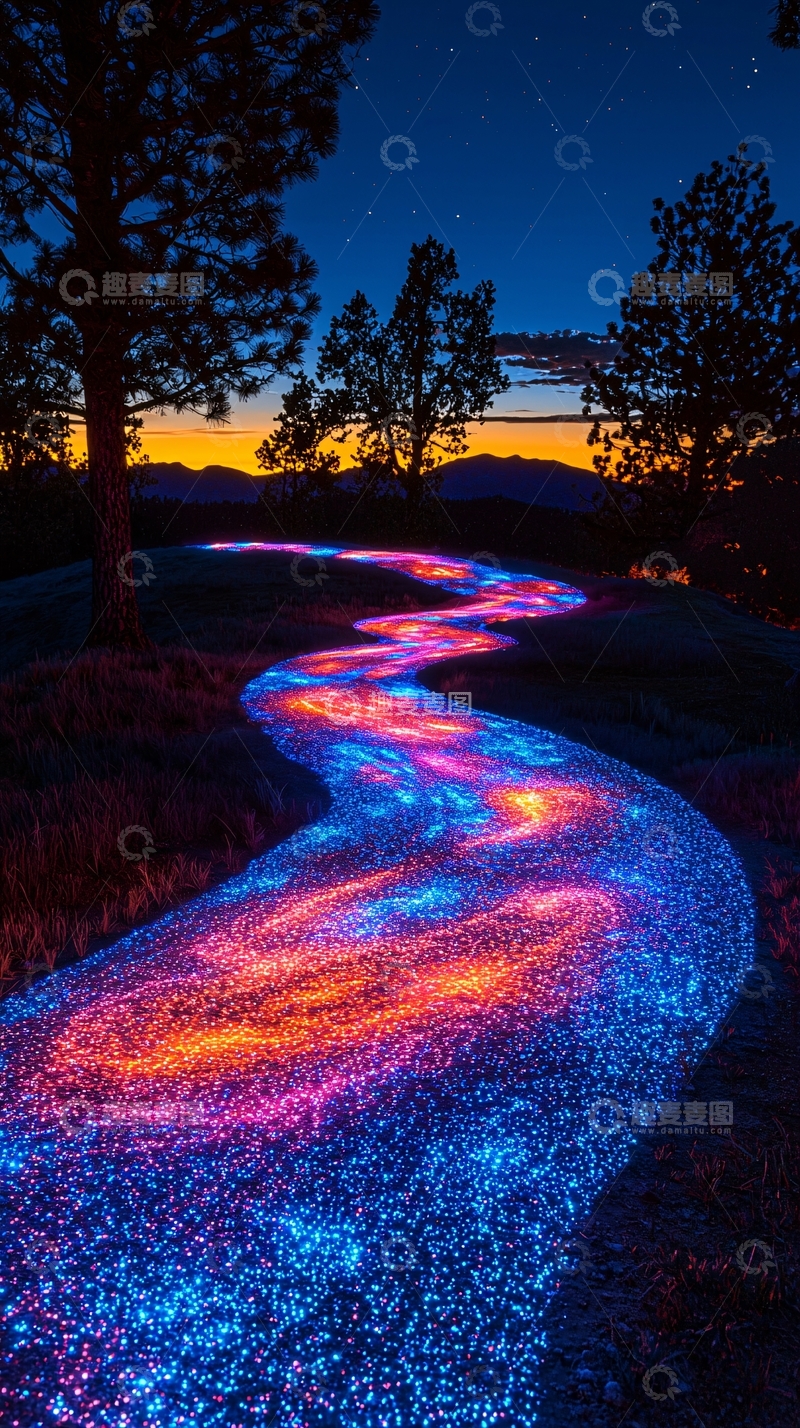 高清大图下载【趣麦麦图】夜色中发光的彩色小路