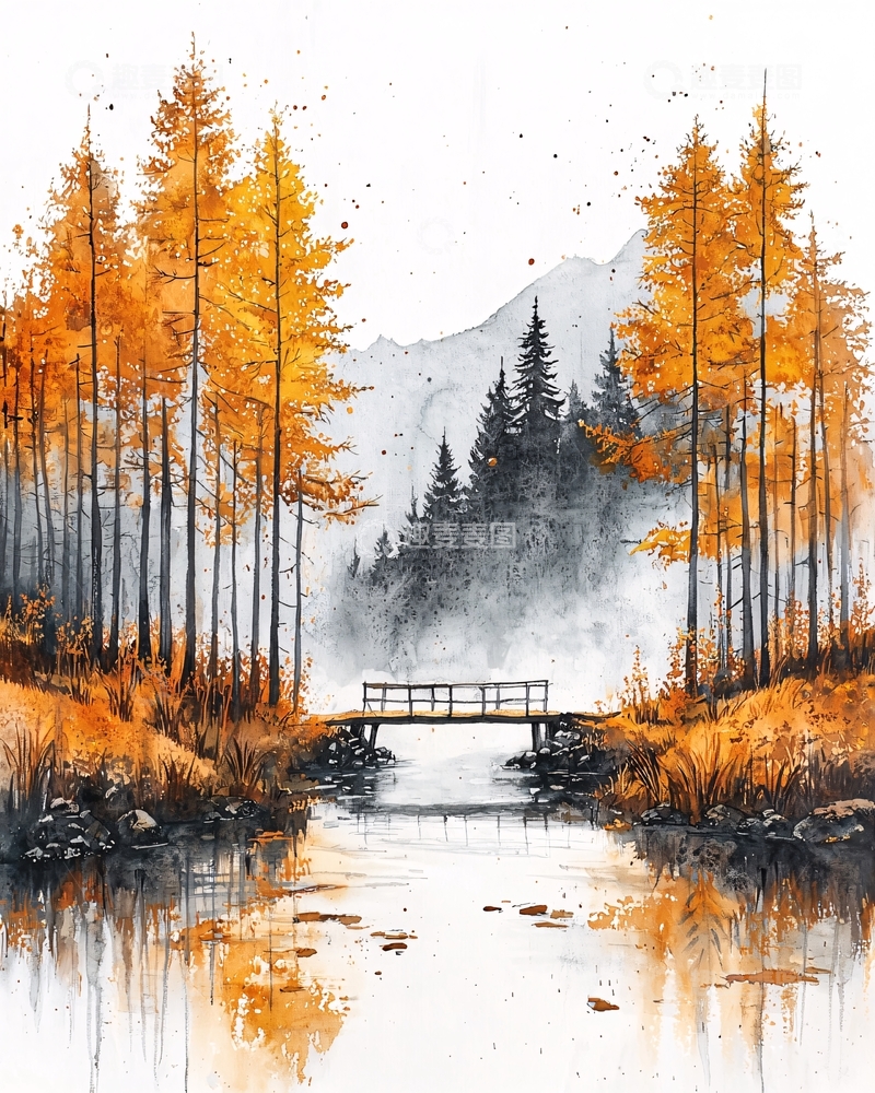 高清大图下载【趣麦麦图】秋日森林小桥流水