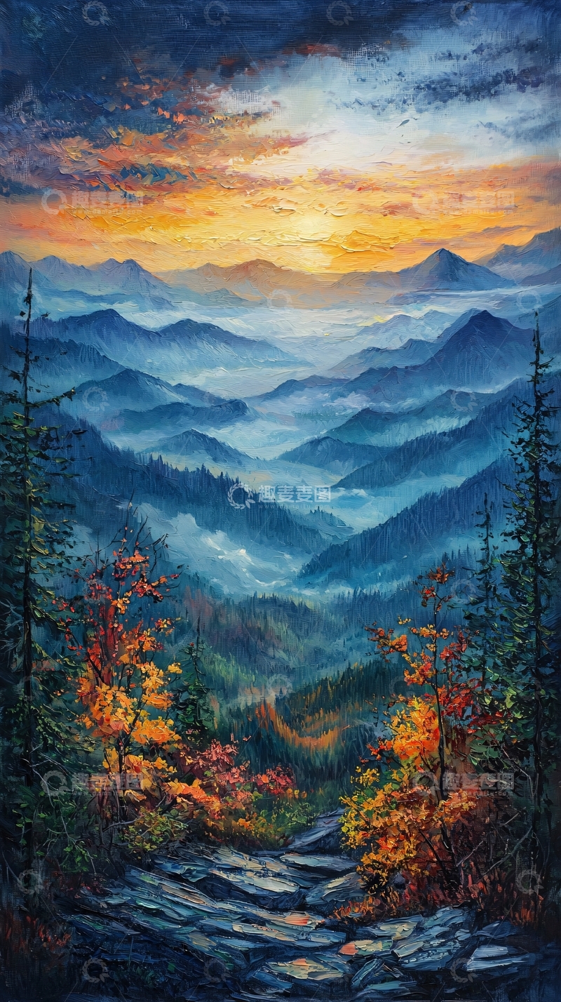 高清大图下载【趣麦麦图】山峦日出秋色图