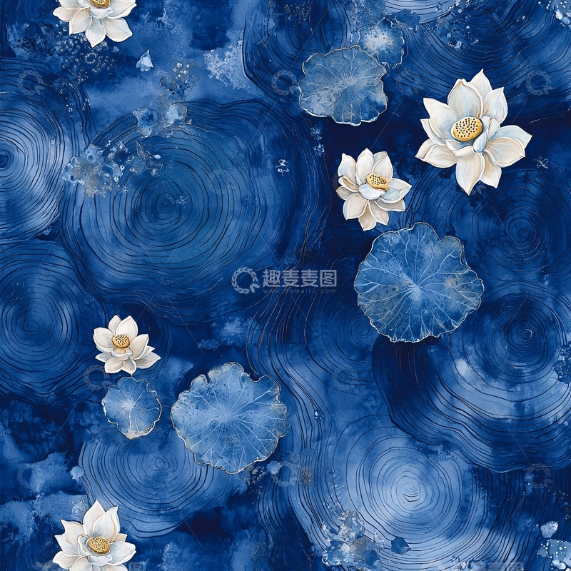 高清大图下载【趣麦麦图】蓝色水墨荷花