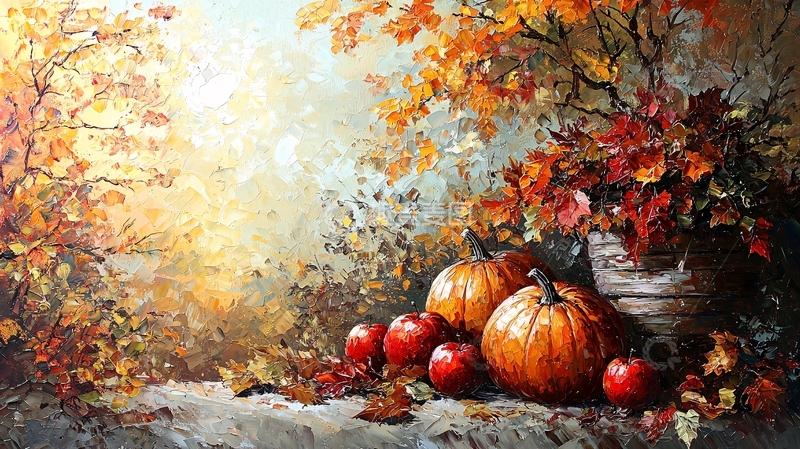 高清大图下载【趣麦麦图】秋日南瓜苹果静物油画