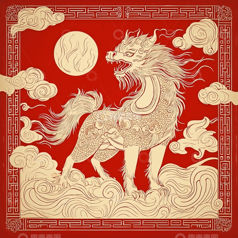 高清大图下载【趣麦麦图】红底祥云瑞兽图