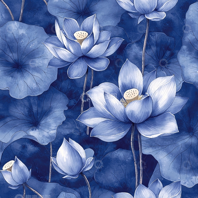 高清大图下载【趣麦麦图】水墨蓝莲花