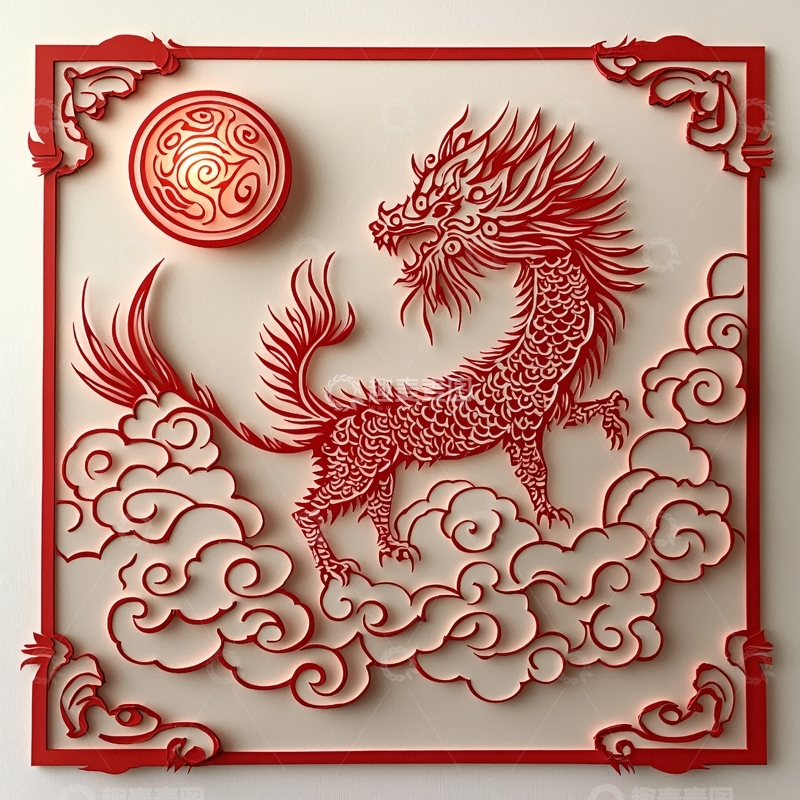 高清大图下载【趣麦麦图】红色剪纸龙