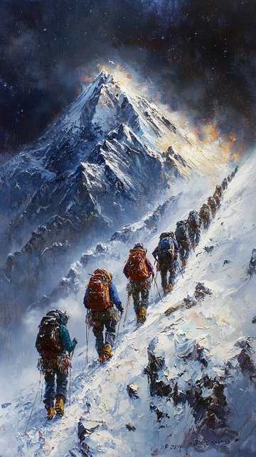 夜幕下攀登珠穆朗玛峰的队伍