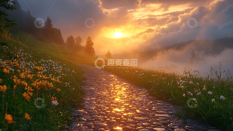 高清大图下载【趣麦麦图】日落山路花海