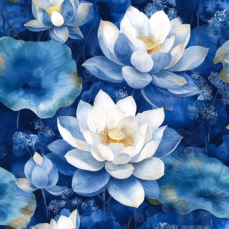 高清大图下载【趣麦麦图】蓝白色莲花与莲叶的图案