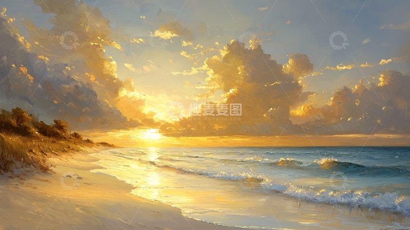高清大图下载【趣麦麦图】金色阳光下的海滩