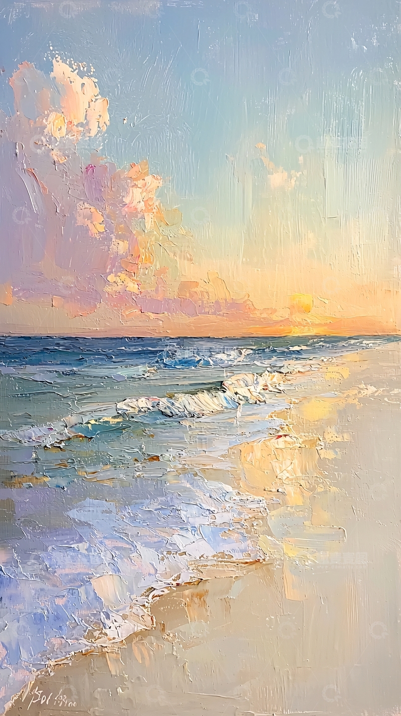 高清大图下载【趣麦麦图】海边日落风景油画