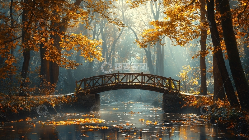 高清大图下载【趣麦麦图】秋日森林小桥流水