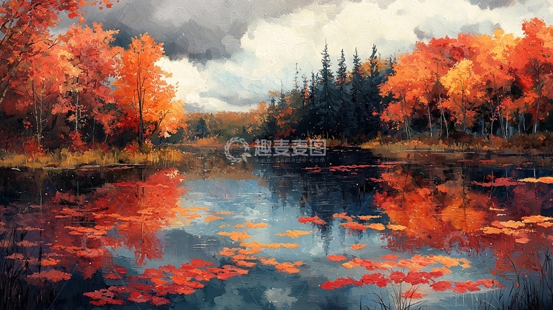 高清大图下载【趣麦麦图】秋日湖泊红叶倒影