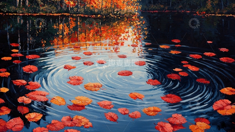 高清大图下载【趣麦麦图】秋叶飘落水面涟漪