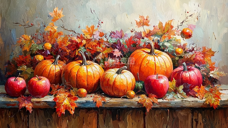 高清大图下载【趣麦麦图】秋季南瓜苹果静物画
