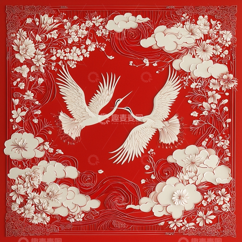 高清大图下载【趣麦麦图】红底白鹤花卉图案